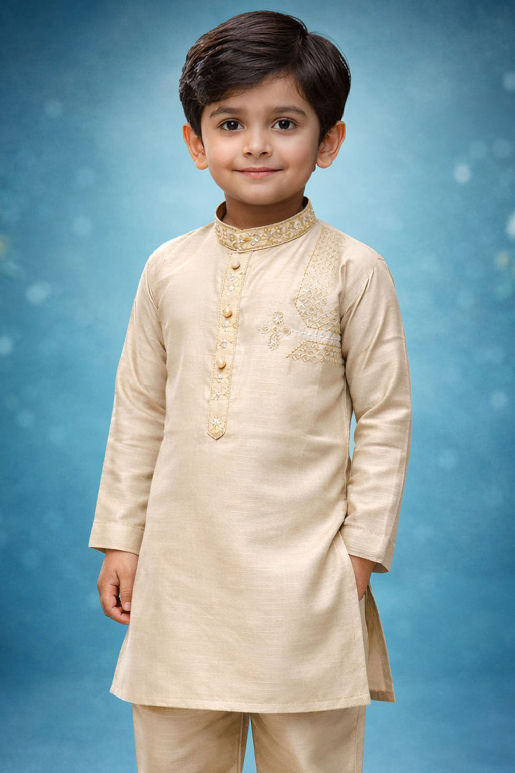 Boys Warm Beige Kurta Shalwar – Dino Festive – Premium Eid Collection 2026 | BabyDino.pk Image 1